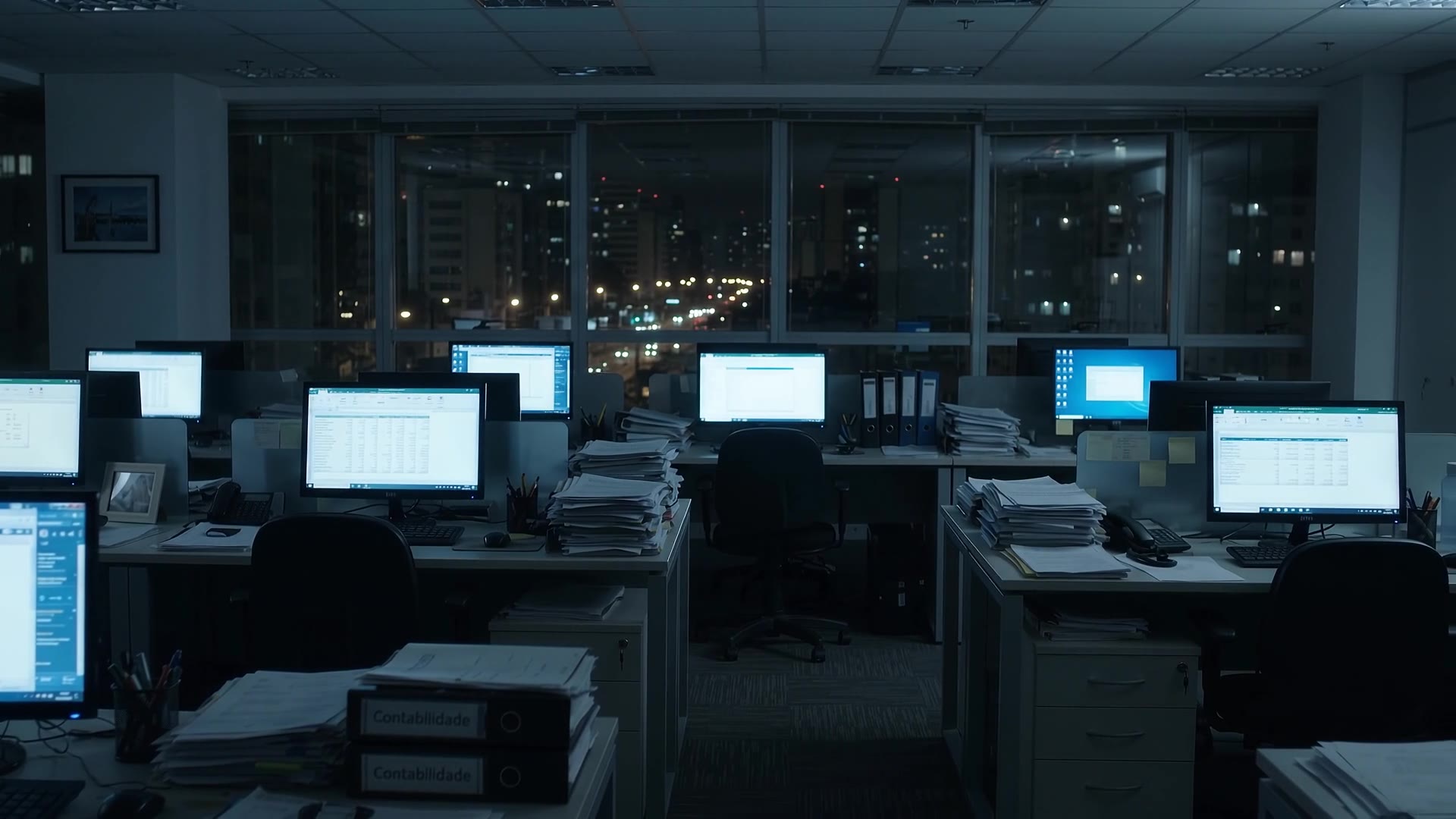 Escritório contábil vazio depois do expediente, monitores ligados